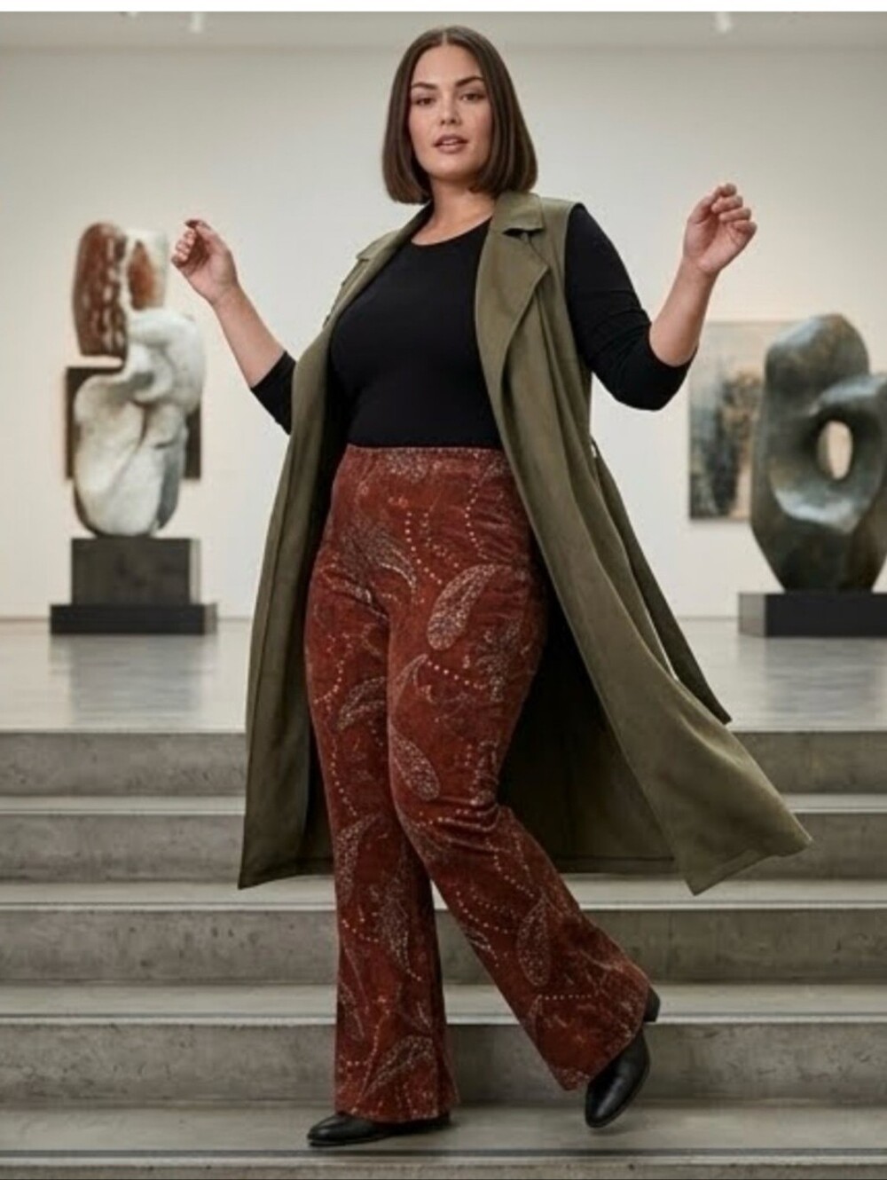 NWT CATO Paisley Corduroy Pull-On Pants Hi-Rise Flare Brown Retro Plus Size 26W